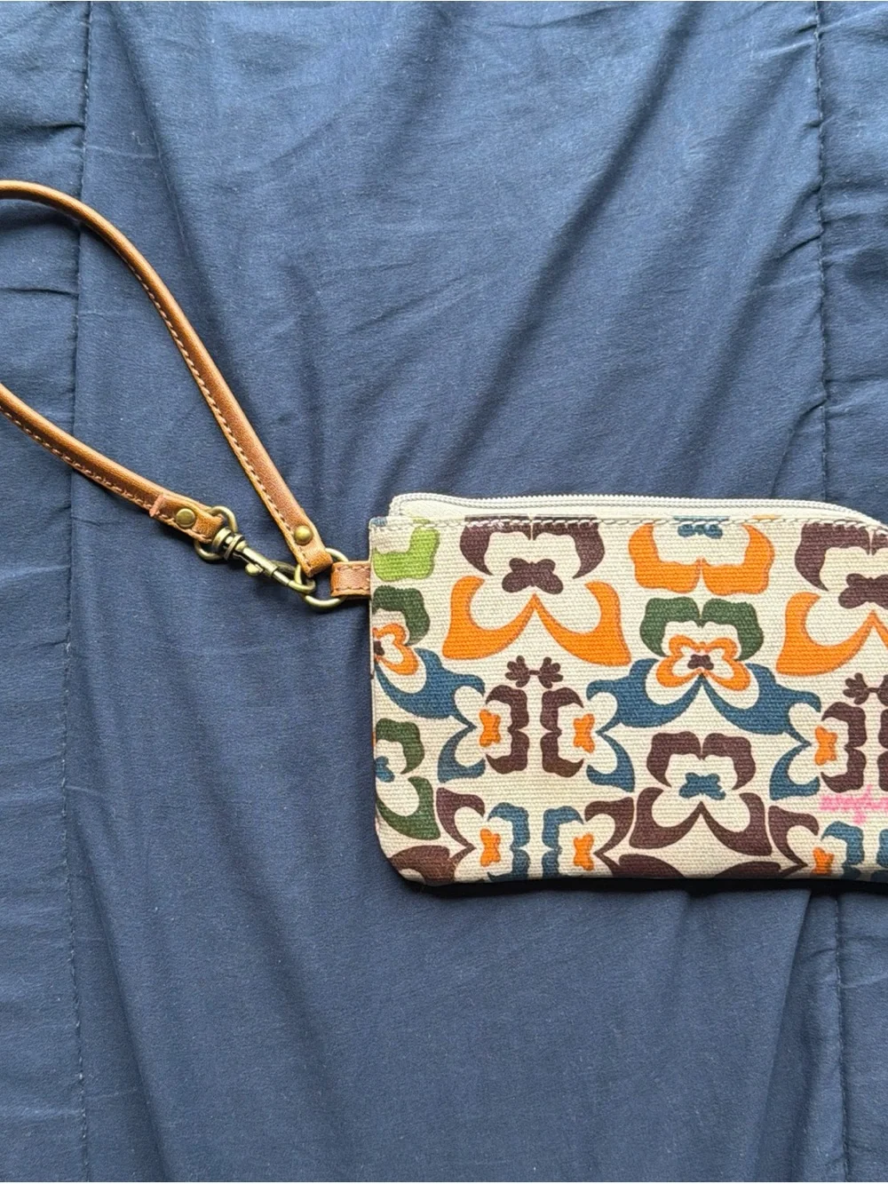 Mariposa Floral Pattern Canvas Wristlet in Orange, Green, Blue, Brown, Cream